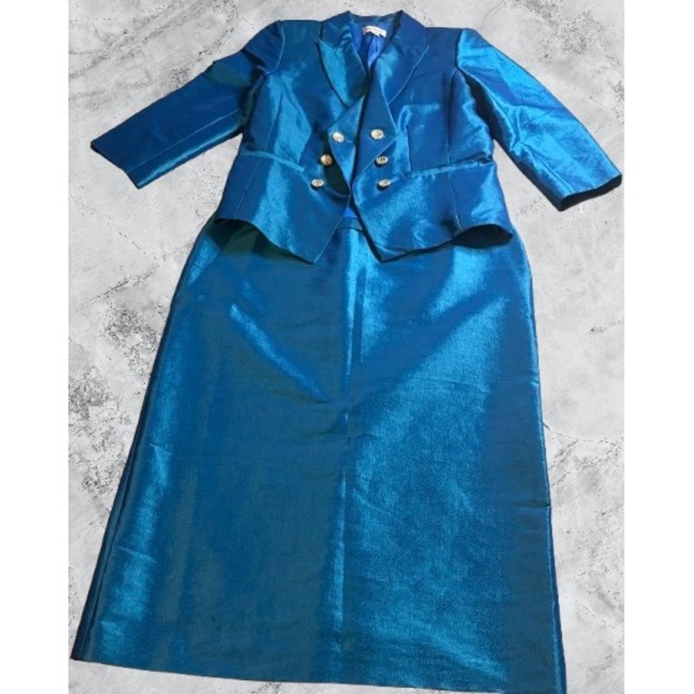 Nicolette Women's Teal Blue Shimmer Skirt Suit Set 2pc Size 12